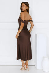 Evening Muse Off Shoulder Mesh Maxi Dress Brown