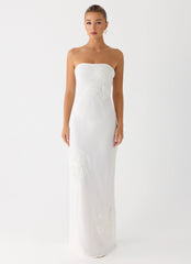 Sassafras Beaded Flower Strapless Maxi Dress - White