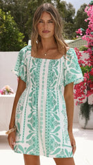 Farah Mini Dress - Green Aztec