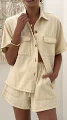 Loretta Button Up Shirt and Shorts Set - Beige / Cream