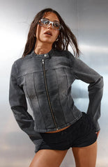 Corey Black Washed Denim Biker Jacket