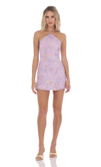 Floral Sequin Halter Dress in Lavender