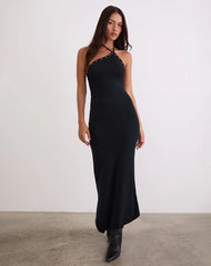 Ishikawa Asymmetrical Maxi Dress with Eyelets in Black