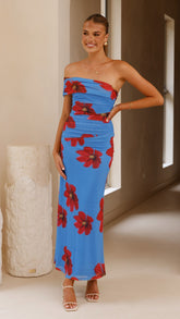 Eisa One Shoulder Maxi Dress - Blue / Red Floral
