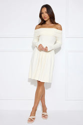 Snowlight Off Shoulder Ribbed Midi Dress Cream