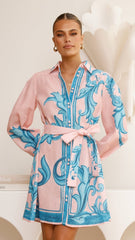 Lucia Long Sleeve Mini Dress - Aqua/Pink Print
