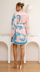 Lucia Long Sleeve Mini Dress - Aqua/Pink Print