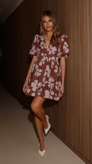 Erin Mini Dress - Brown Daylillies