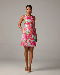 Exploded Floral Print Sheen A Line Dress Pink Multi