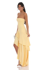 Strapless Ruffle Asymmetrical Maxi Dress in Yellow