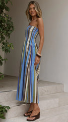 Tierra Strapless Maxi Dress - Blue/Khaki Stripe