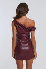 Hot Girl Hour Off Shoulder Faux Leather Mini Dress Wine