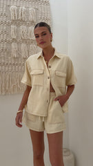 Loretta Button Up Shirt and Shorts Set - Beige / Cream