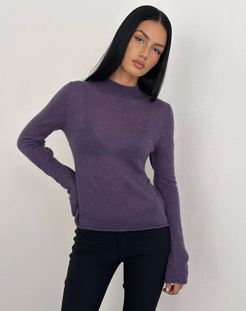 Miku Long Sleeve Top in Sheer Knit Purple