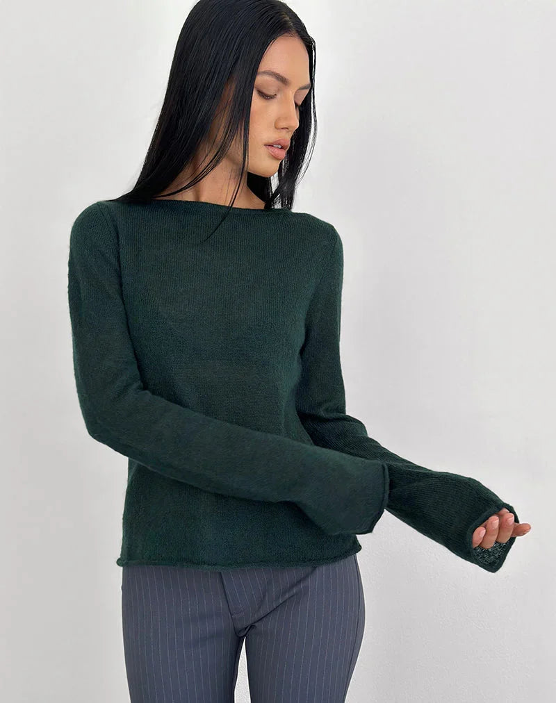 Aika Top in Sheer Knit Dark Green