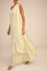 Camellia Light Yellow One-Shoulder Bow Maxi Dress