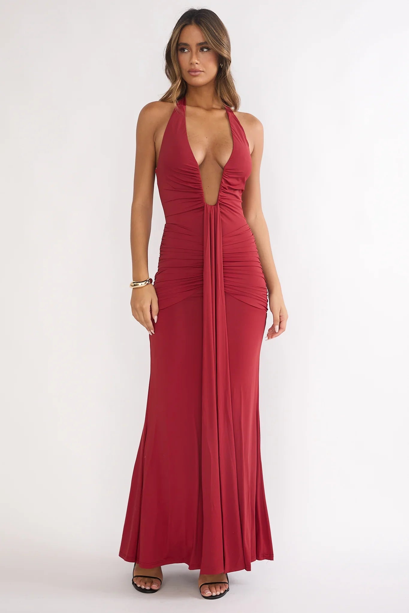 Brienna Halter Ruched Maxi Dress Wine