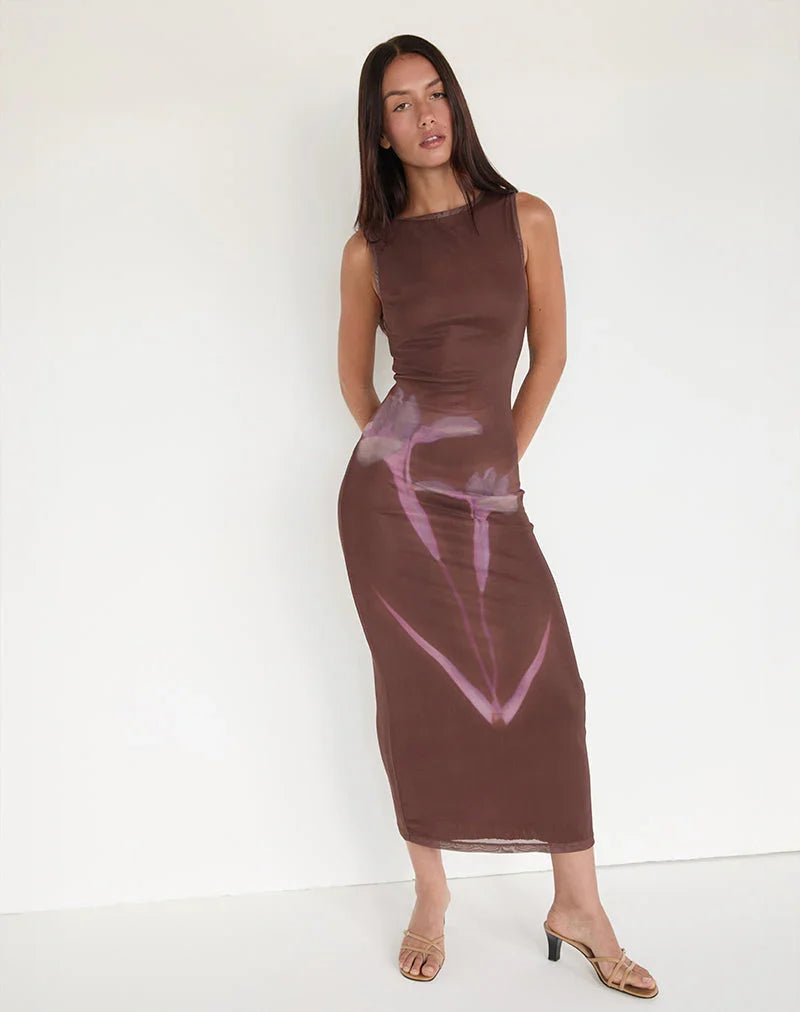 Fayola Maxi Dress in Blurred Floral Print Brown