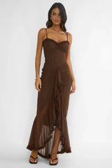 Noelia Gathered Waist Frill Trim Maxi Dres Chocolate