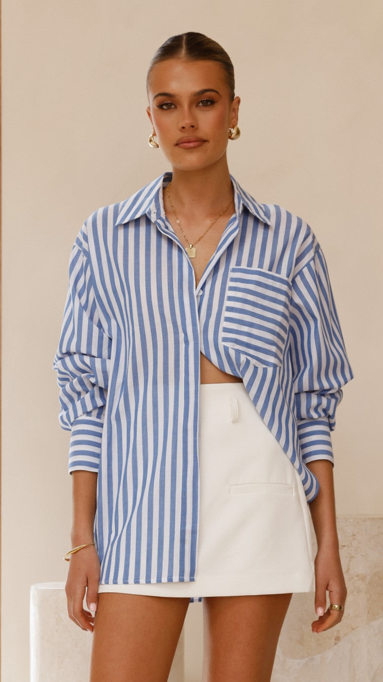 Zoah Long Sleeve Button Up Shirt - Blue/White Stripe