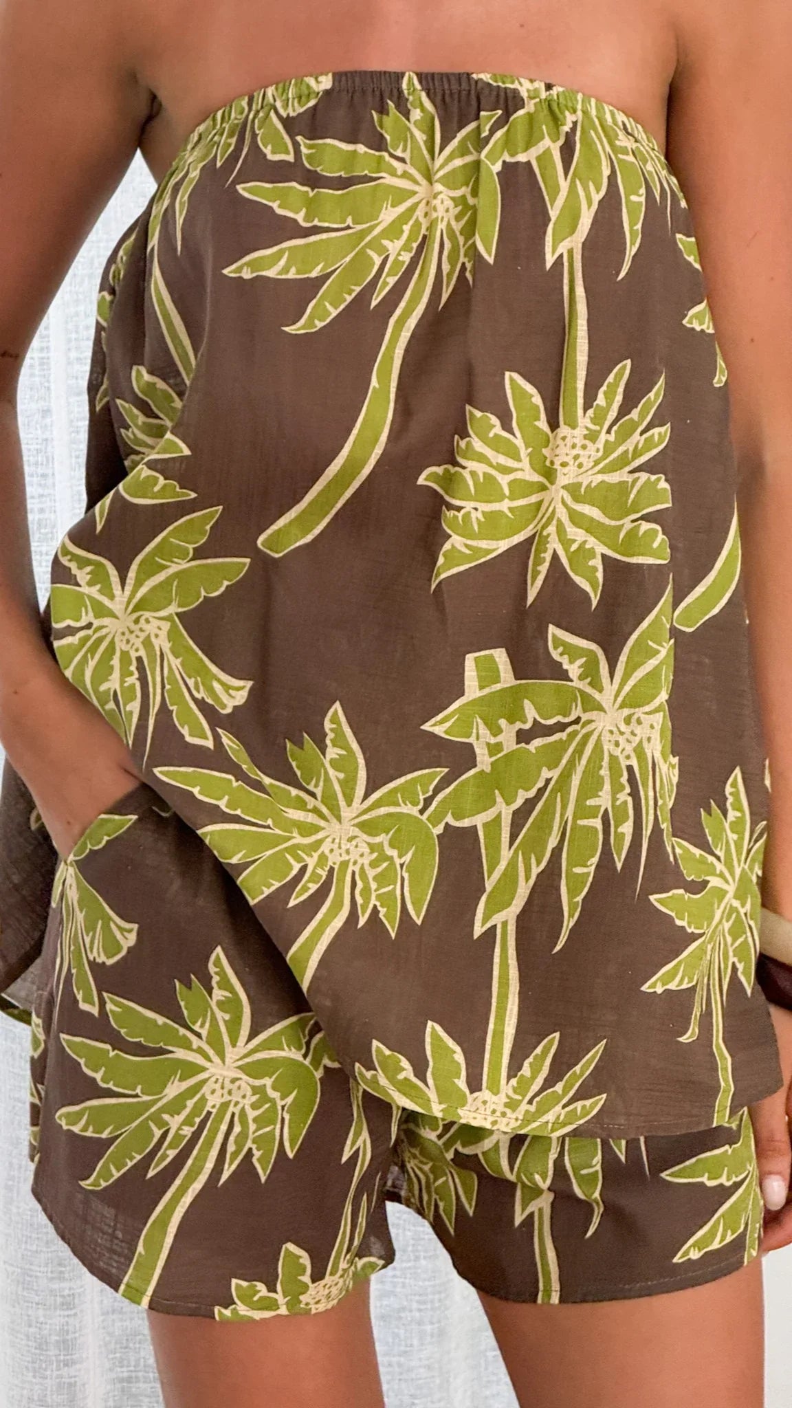 Calliope Strapless Top and Shorts Set - Brown/Green Palm