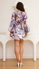 Jemma Long Sleeve Mini Dress - Purple Abstract