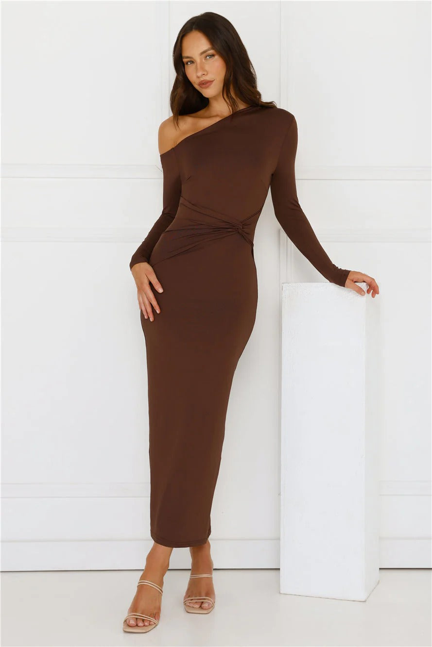 Looks That Talk Off Shoulder Maxi Dress Brown