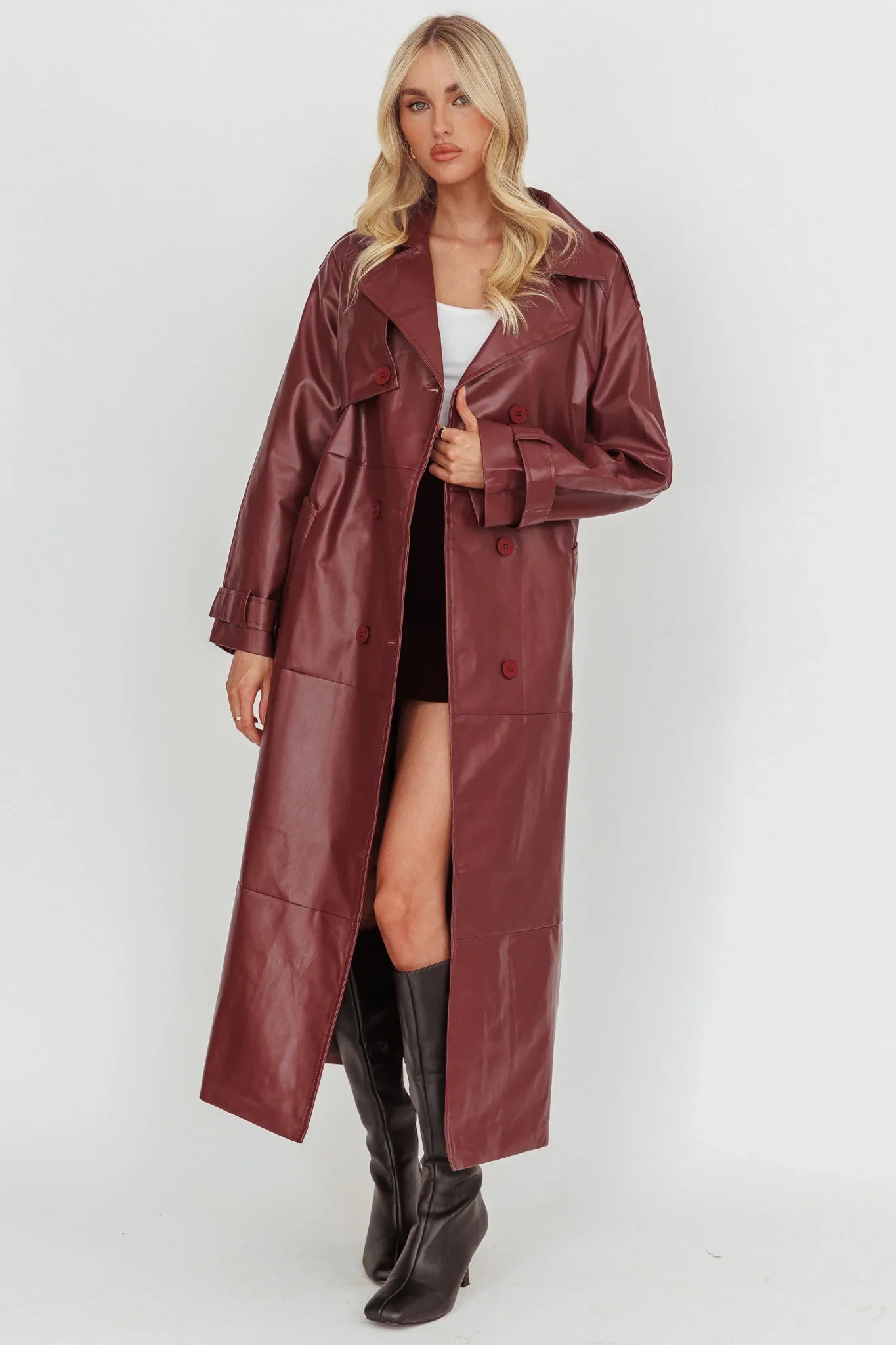 Lyora Longline Faux Leather Trench Coat Burgundy