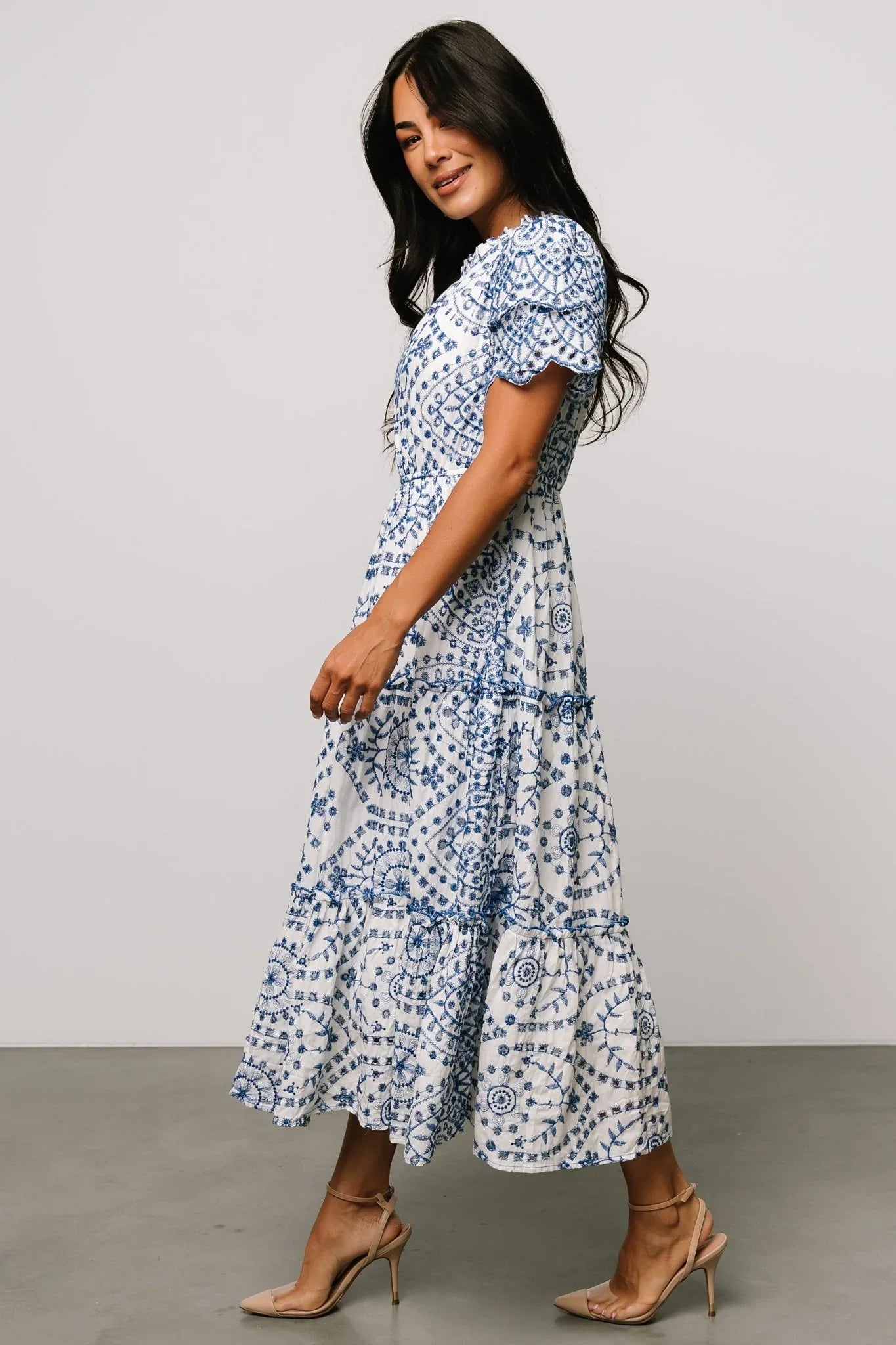 Mirabel Eyelet Midi Dress | White + Blue