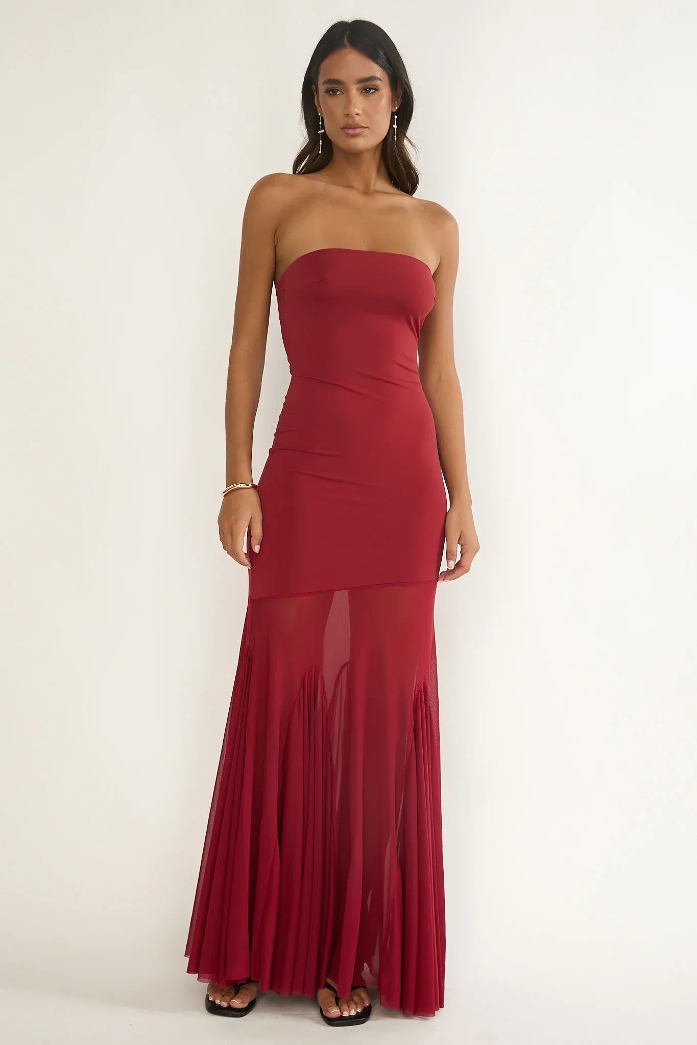 Velvet Rope Strapless Mesh Maxi Dress Wine