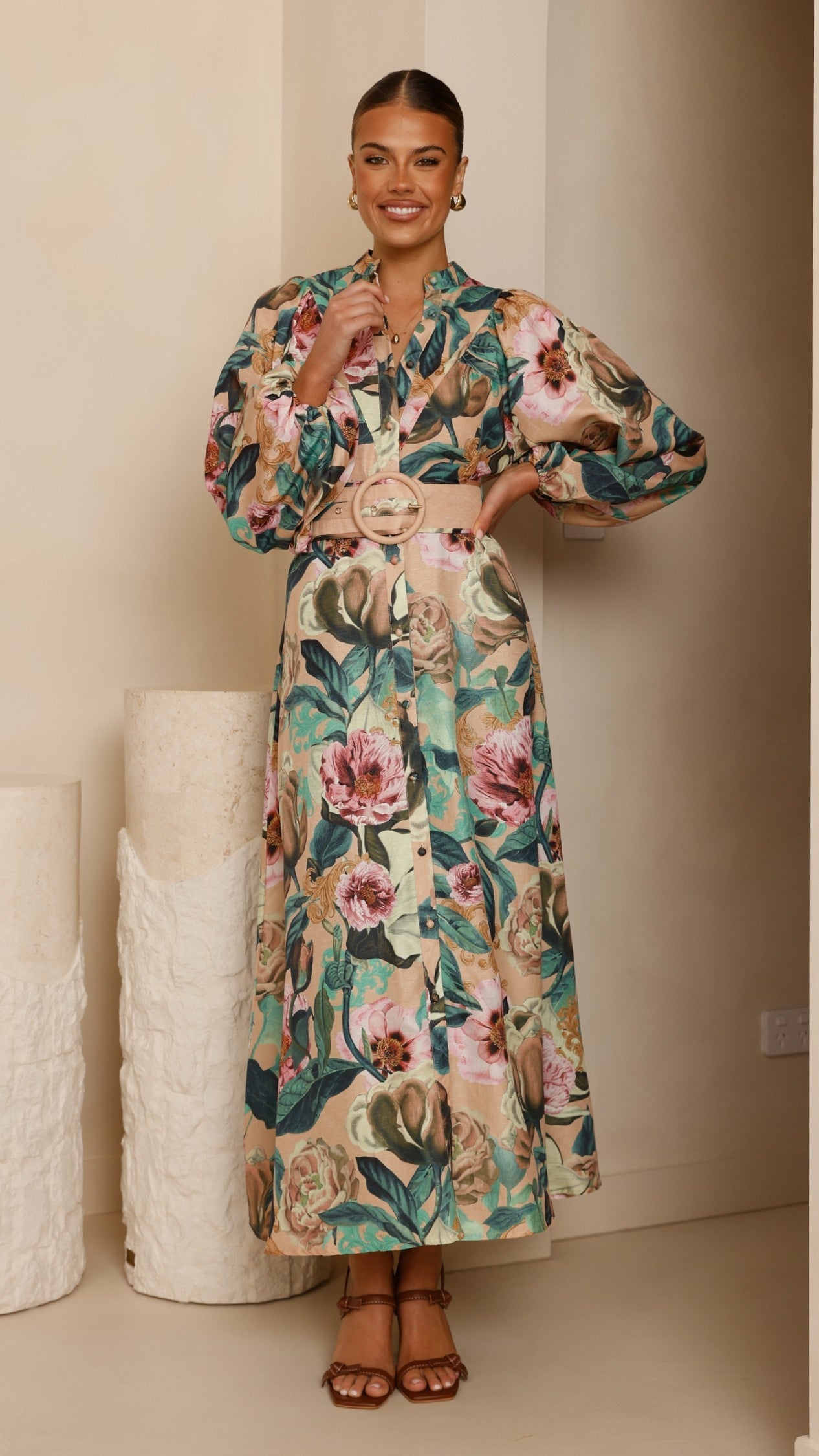 Veronica Button Down Maxi Dress - Mocha Rose Donatella