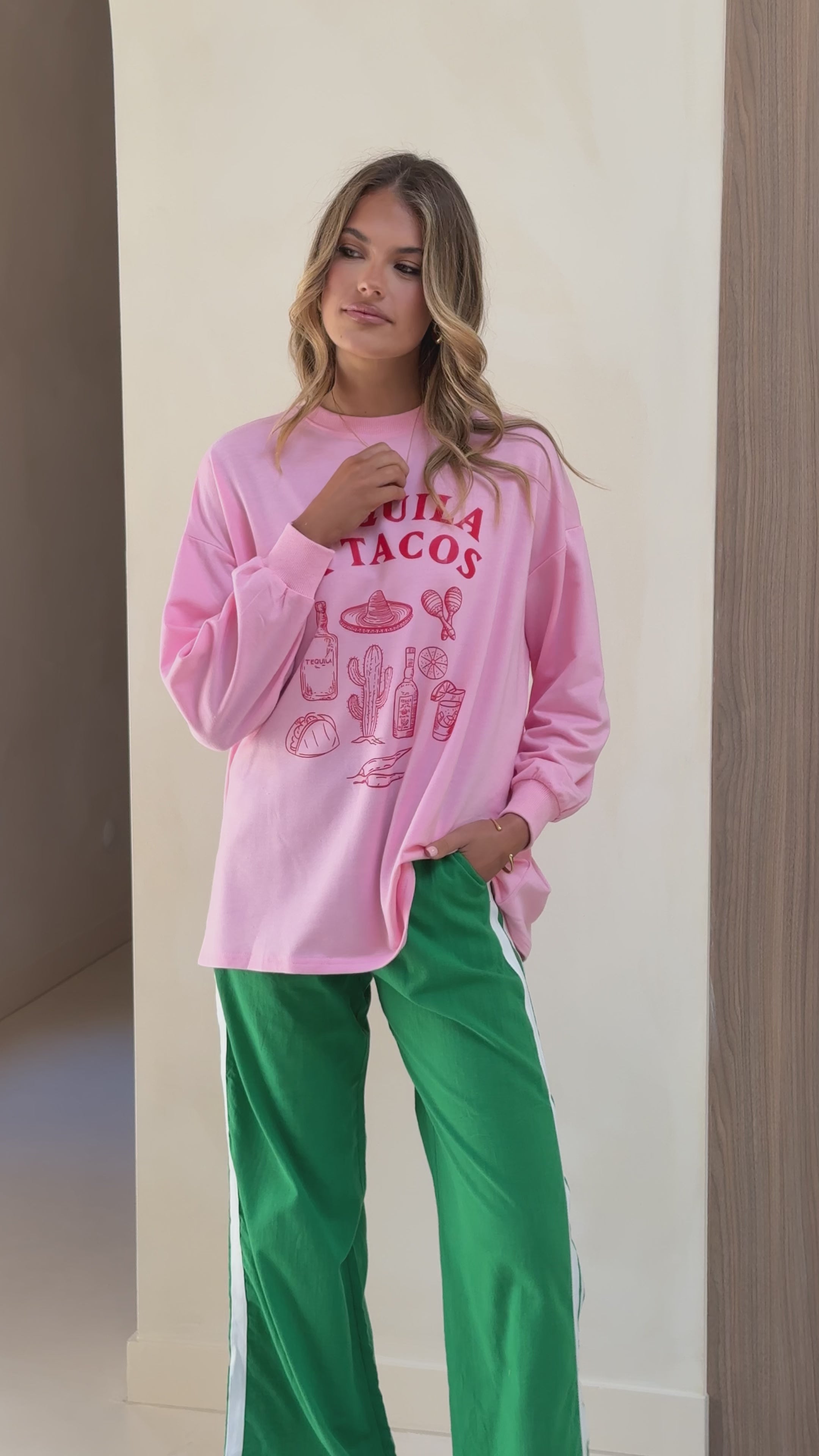 Tequila and Tacos Long Sleeve Top and Pants Set - Pink / Green