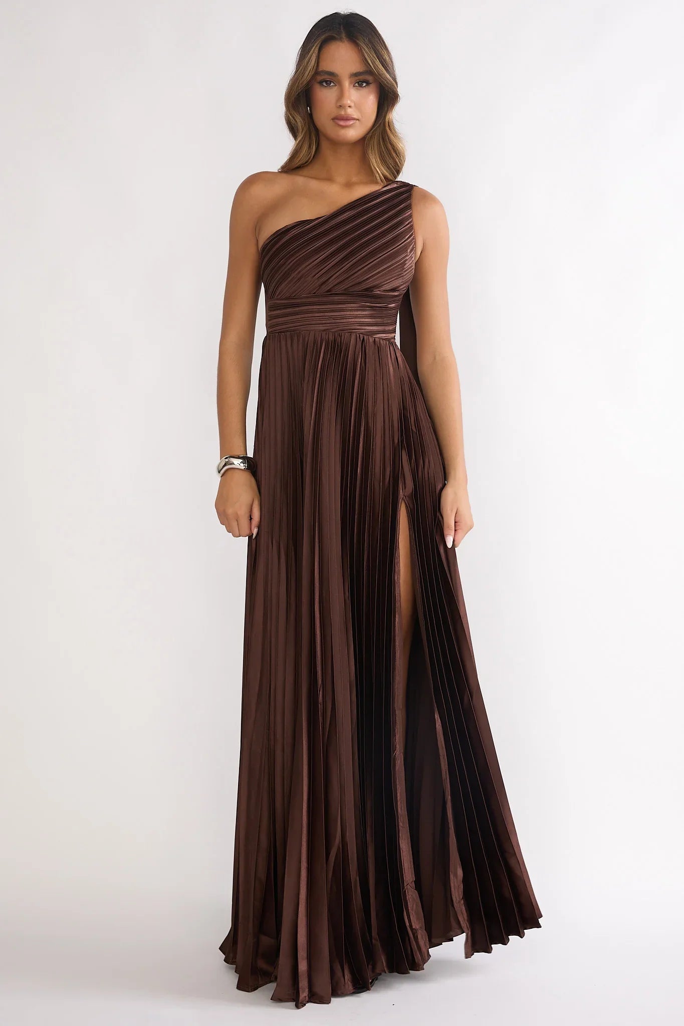 Goddess Aura Pleated Maxi Dress Chocolate