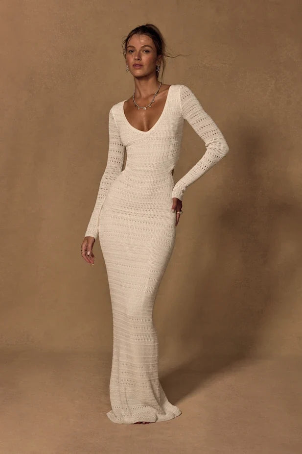 Shenoah White Crochet Cutout Long Sleeve Maxi Dress