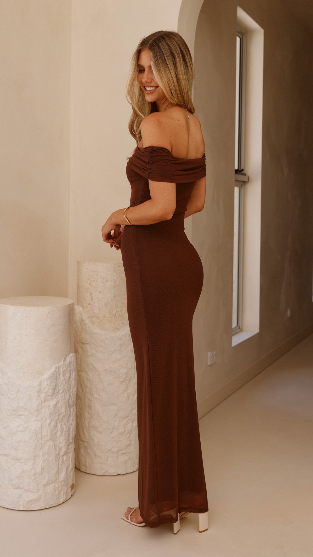 Darcey Off Shoulder Maxi Dress - Brown