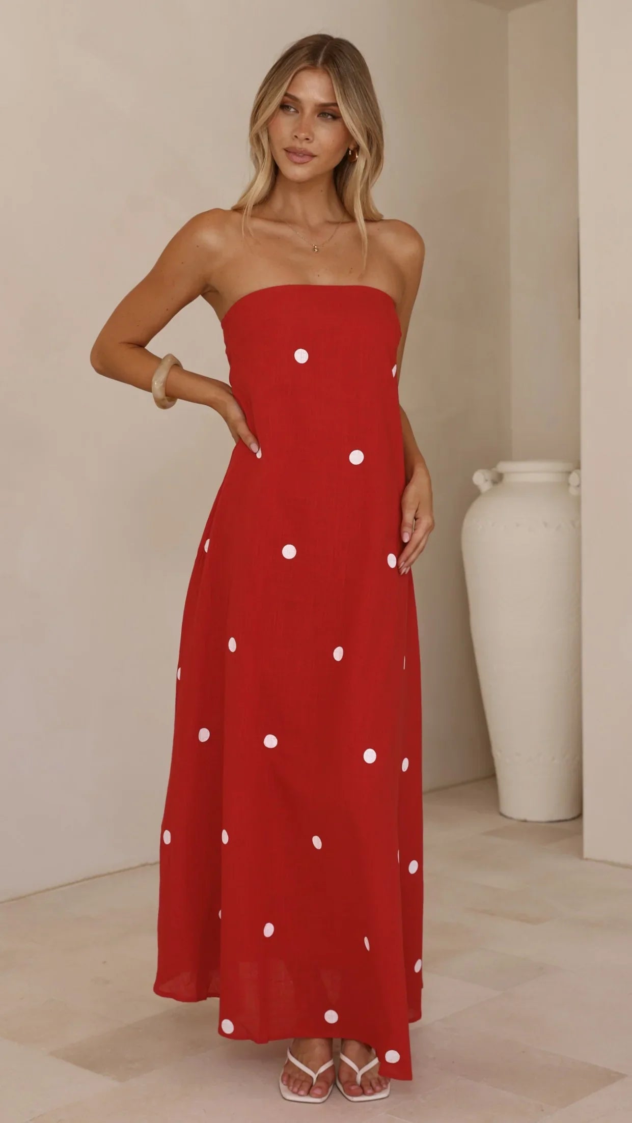 Connie Maxi Dress - Red/White Polka Dot