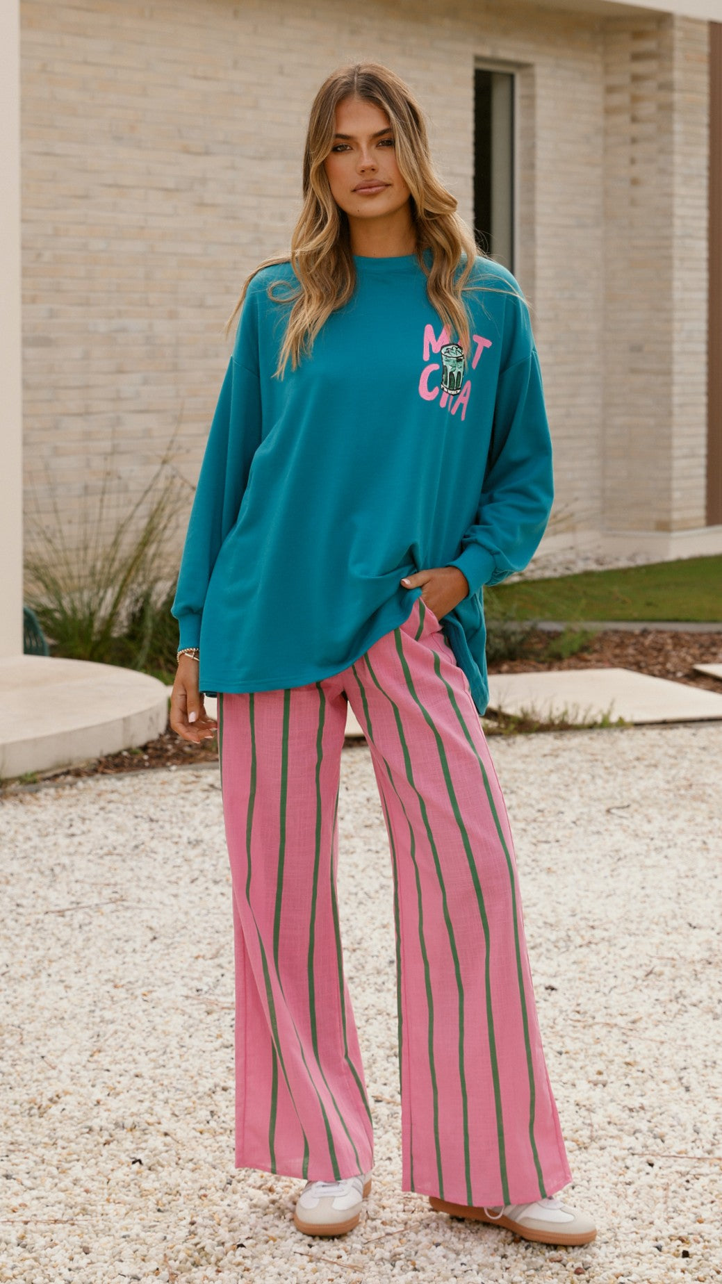 Matcha Long Sleeve Top and Pants Set - Teal / Pink