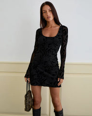 Selca Mini Dress in Flock Leaf Flower Black