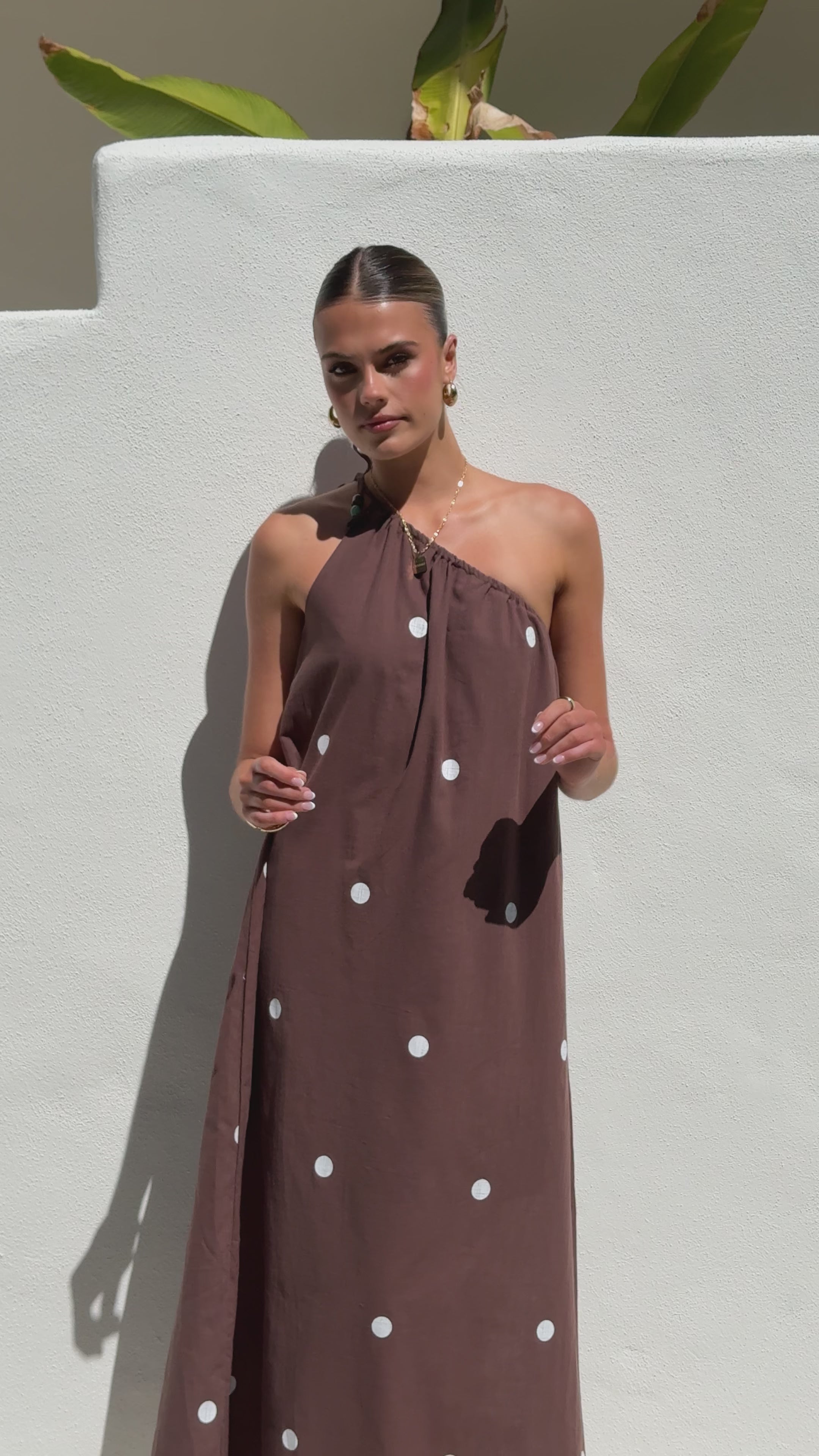 Nasira One Shoulder Maxi Dress - Chocolate / White Polka Dot