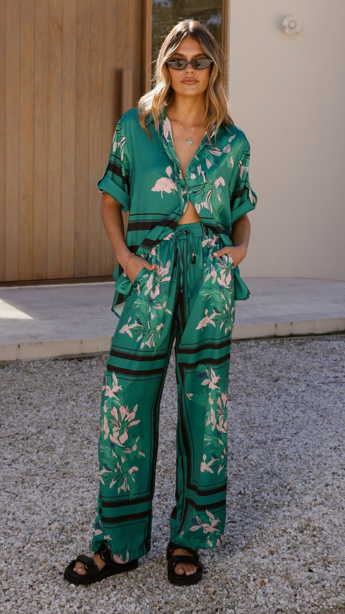 Vallerie Button Up Shirt - Green/Pink Print
