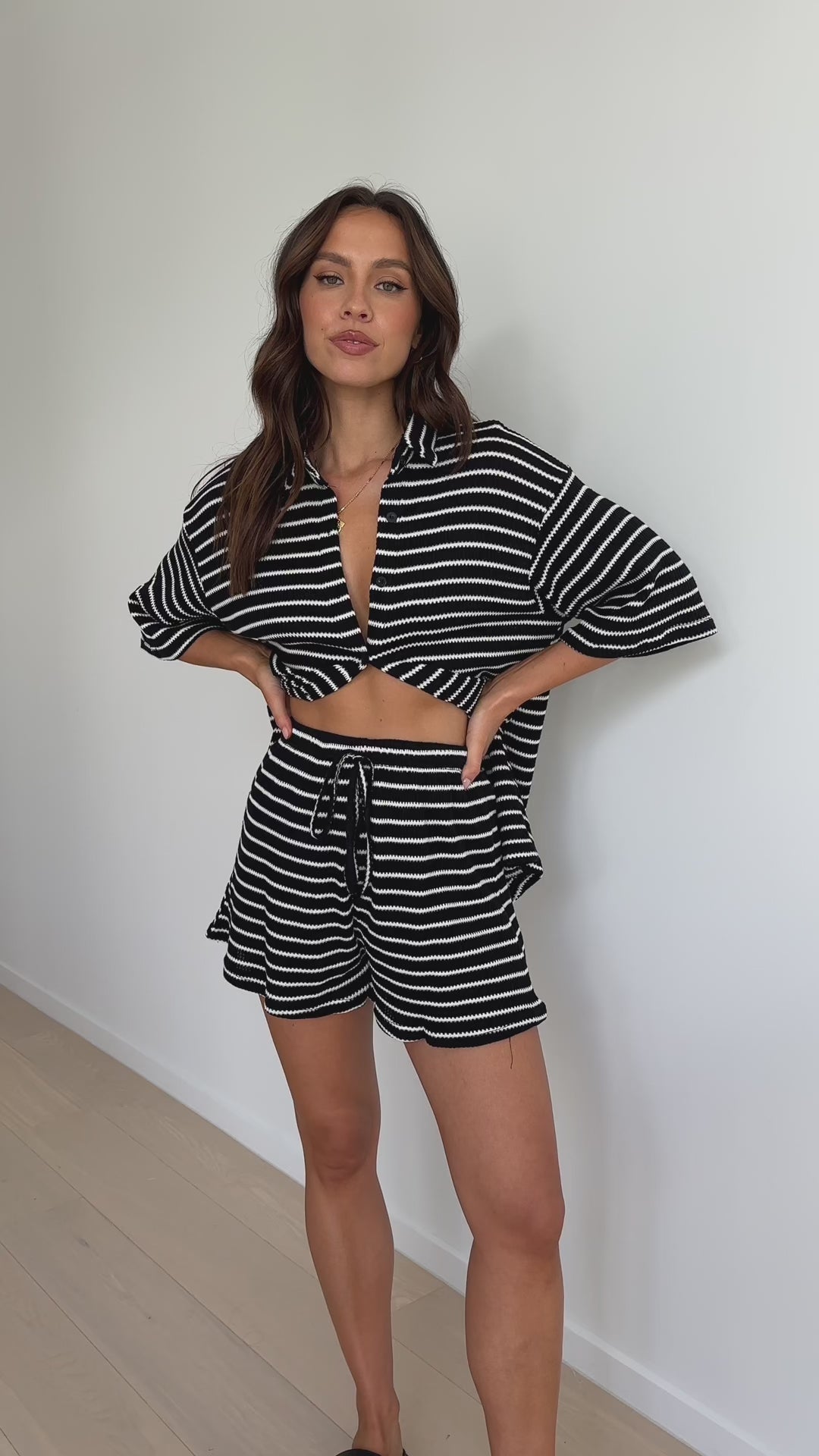 Lacole Button Up Shirt and Shorts Set - Black / White Stripe