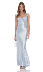 Satin Lace-Bust Maxi Dress in Light Blue
