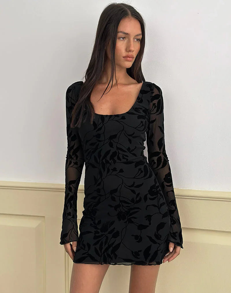Selca Mini Dress in Flock Leaf Flower Black