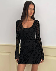 Selca Mini Dress in Flock Leaf Flower Black