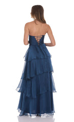 Corset Ruffle Strapless Maxi Dress in Navy