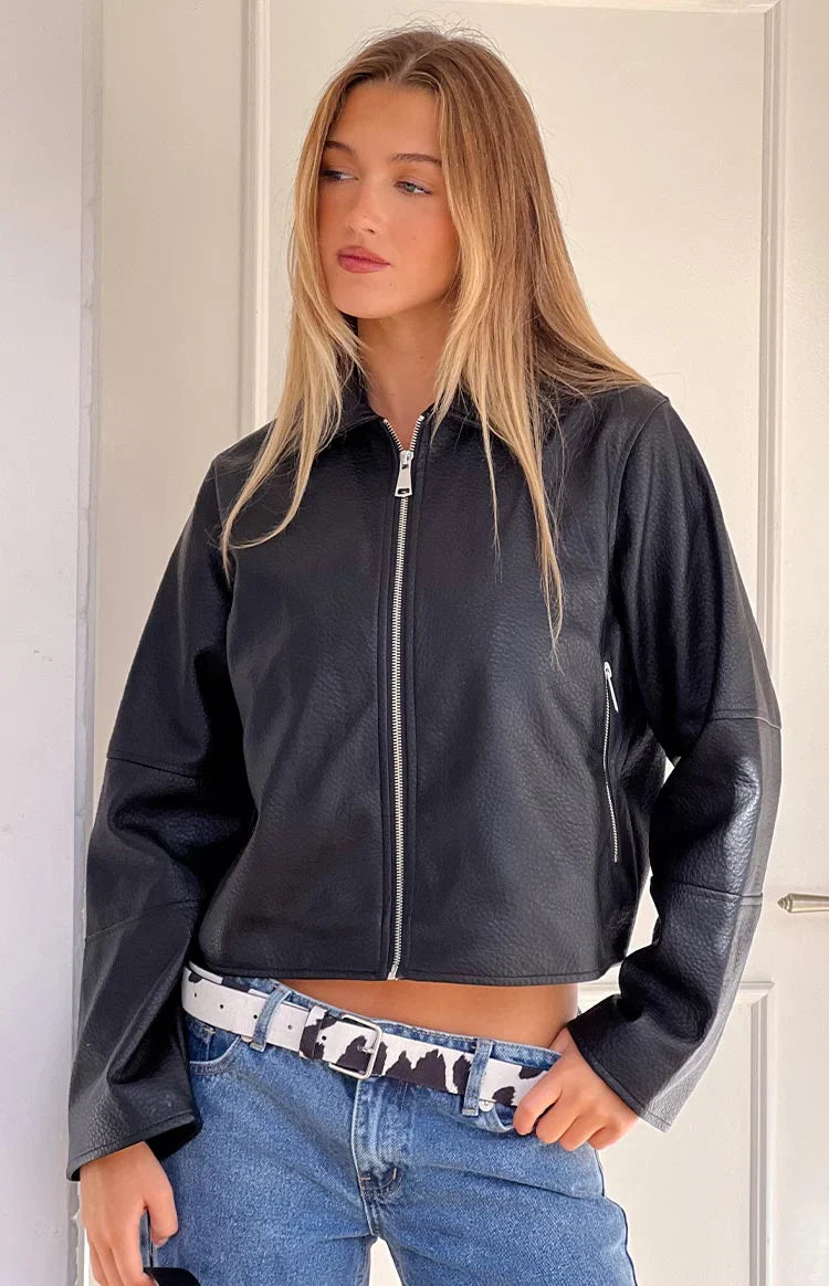 Rockie Black PU Pebbled Cropped Jacket