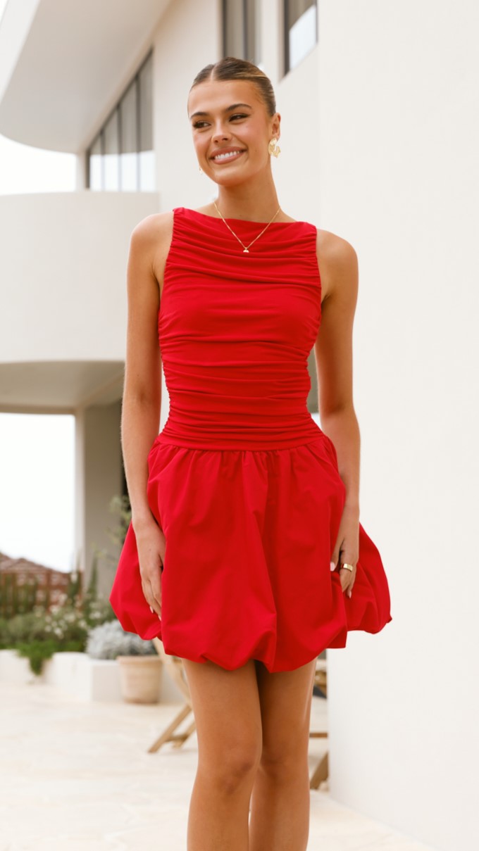 Meera Boat Neck Mini Dress - Red