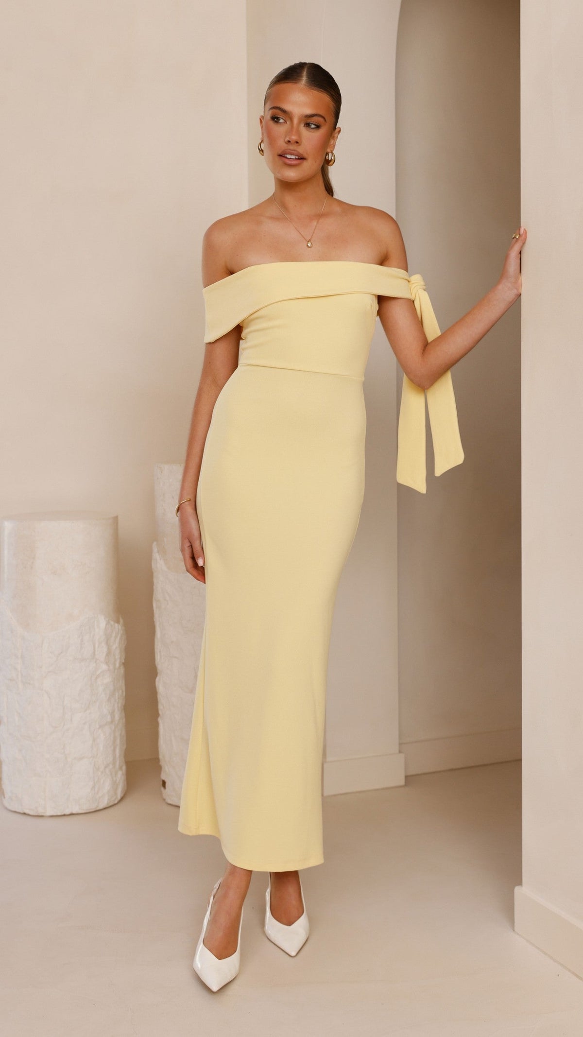 Halen Off Shoulder Midi Dress - Lemon