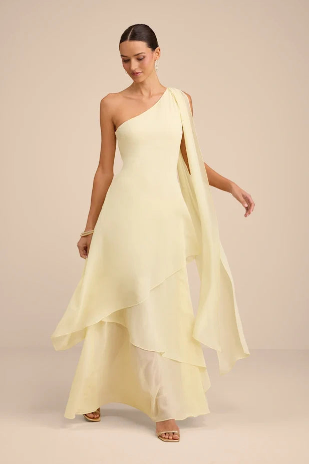 Camellia Light Yellow One-Shoulder Bow Maxi Dress