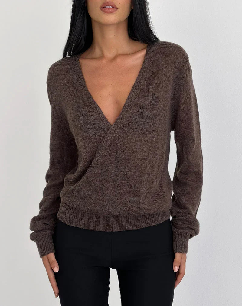 Saroya Plunge Wrap Top in Knit Dark Chocolate